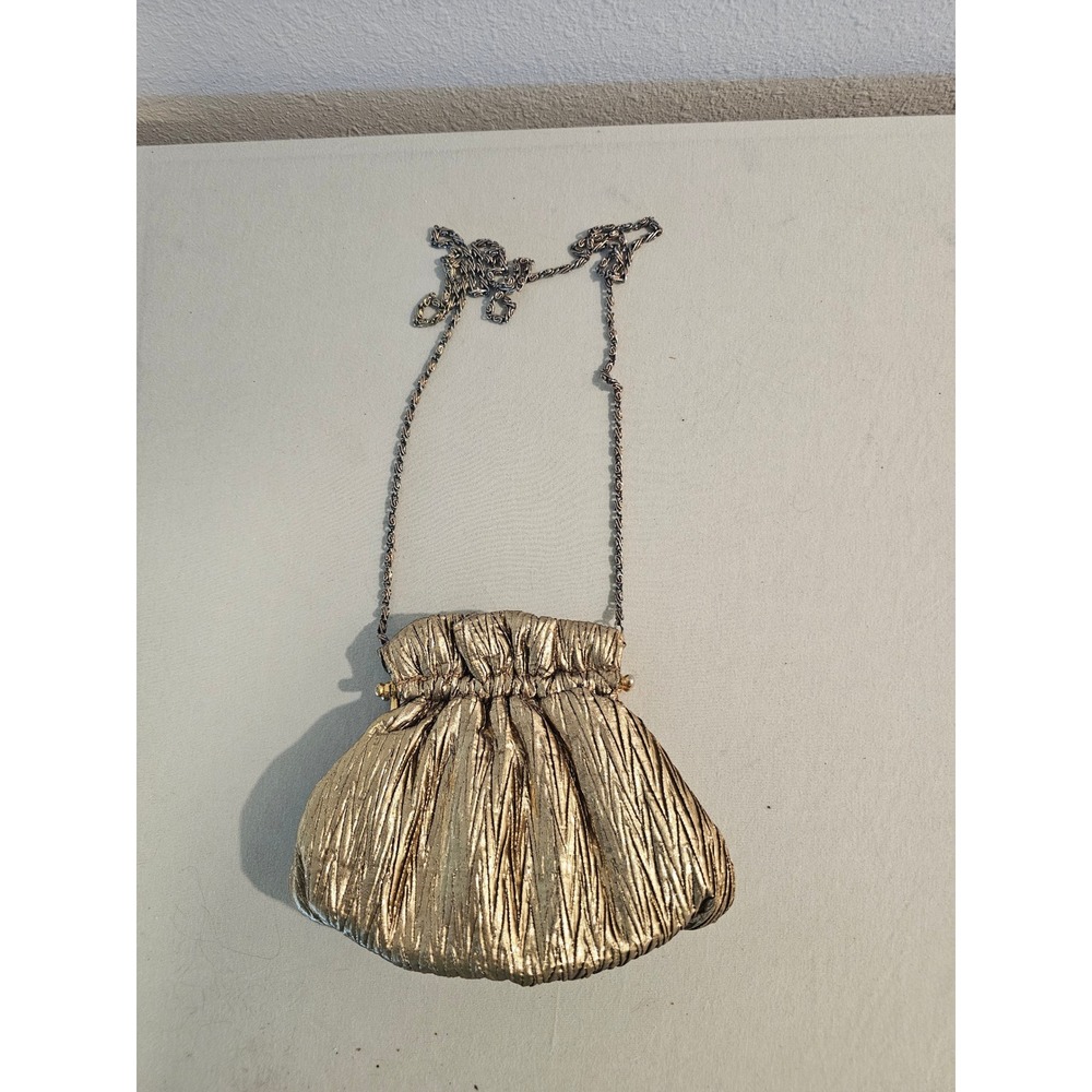 Bags By Warren Reed Mini Gold Metallic Pleated kiss lock Bag Vintage Style